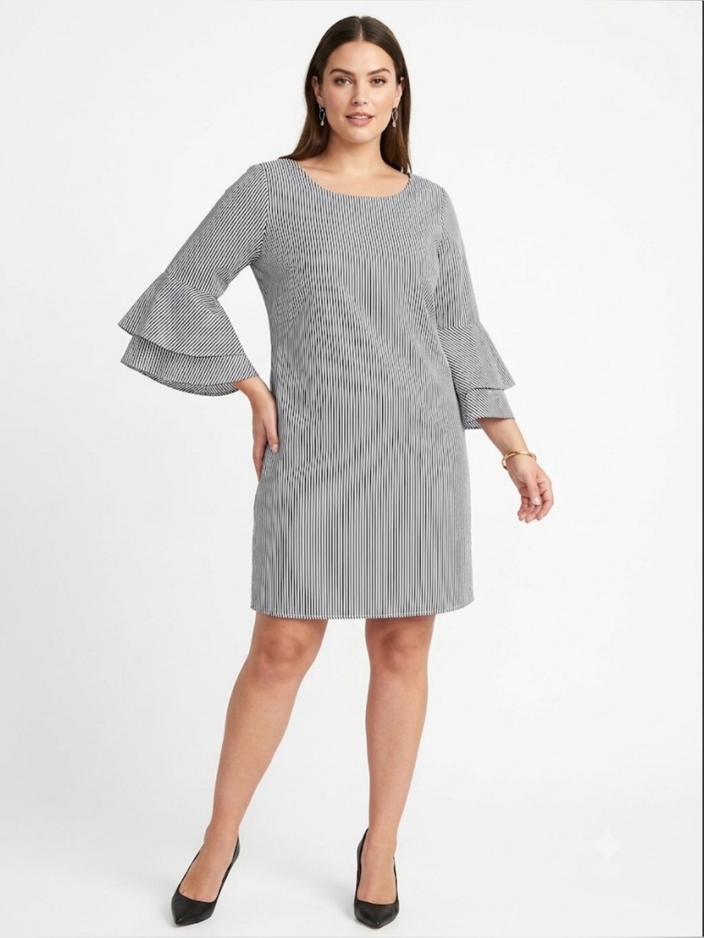 Potter’s Pot Black White Pinstripe Bell Sleeve Shift Dress Size Small